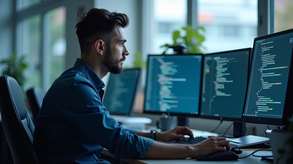 Bilgisayar ekranında kodlar ve yapay zeka algoritmaları gösterilen ofis ortamında çalışan yazılımcı